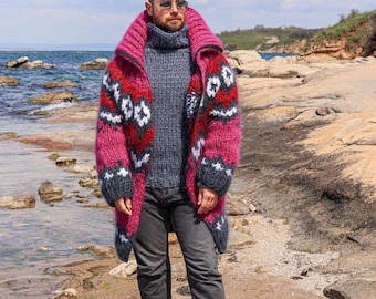 Amazing  Chunky Mohair Icelandic Handmade Zipper Cardigan, Huge Knitted Mohair Yarn Nordic Pattern Long Jumper my Molimarks Knitwear