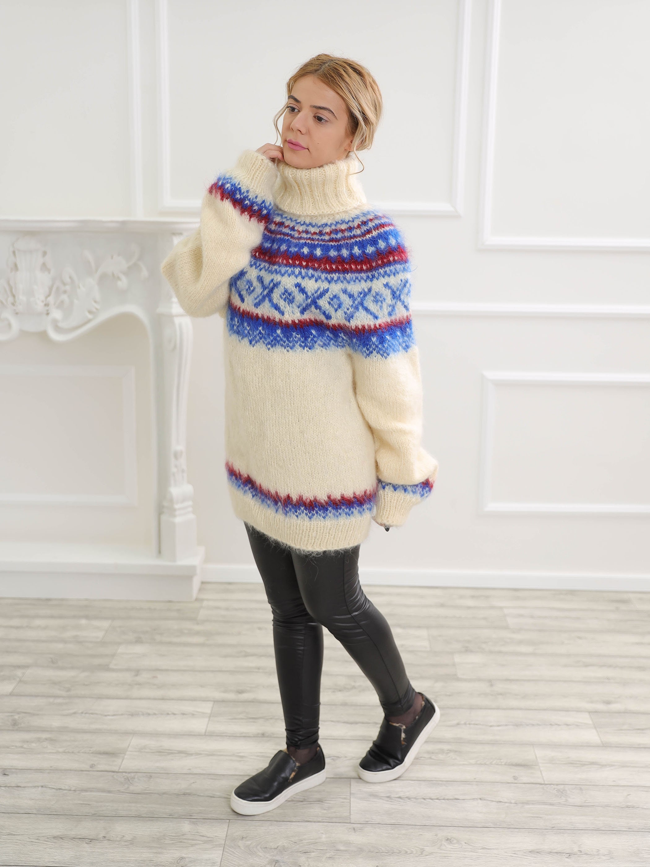 Icelandic Mohair Turtleneck Sweater, Cable Knit Fetish