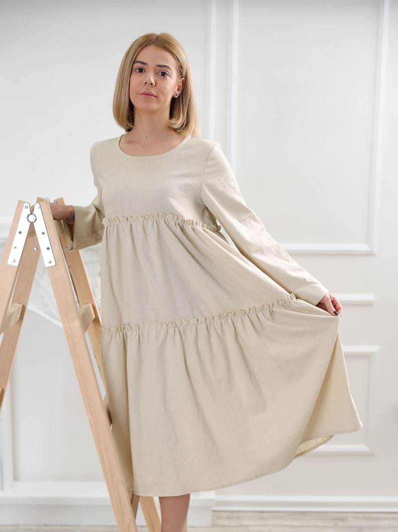 Ready to ship L size linen dress , Long sleeve linen dress, Beige linen dress with pockets image 1