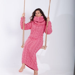Pink Sweater Dress, Wool Maxi Knit Dress, Turtleneck Dress, Chunky Wool Dress, Women Bohemian Clothing, Long Sweater Dress, Slouchy Dress
