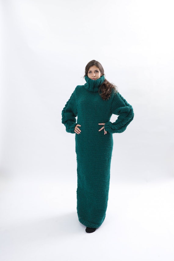 3 Strands Chunky Green Wool Dress, Huge Turtleneck Knit Dress, Maxi Sweater Dress, Long Wool Dress, Oversize Wool Dress, Chunky Knit Sweater