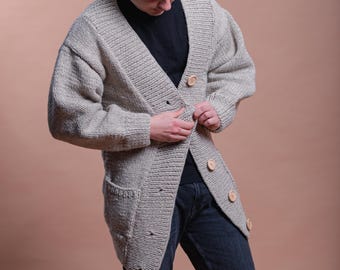 Beige Cable Knit Cardigan For Man, Natural Wool Cardigan, Men's Winter Clothing, Oversized Wool Jacket, Giant Wool Winter Coat with Pockets