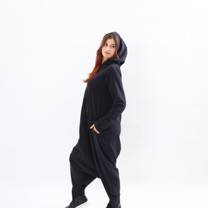 Black Hoodie harlem Jumpsuit, Long maxi jumpsuit, Black maxi Overall , Black Pomper, Boho hippie overall, Drop crotch Harem jumpsuit, image 5