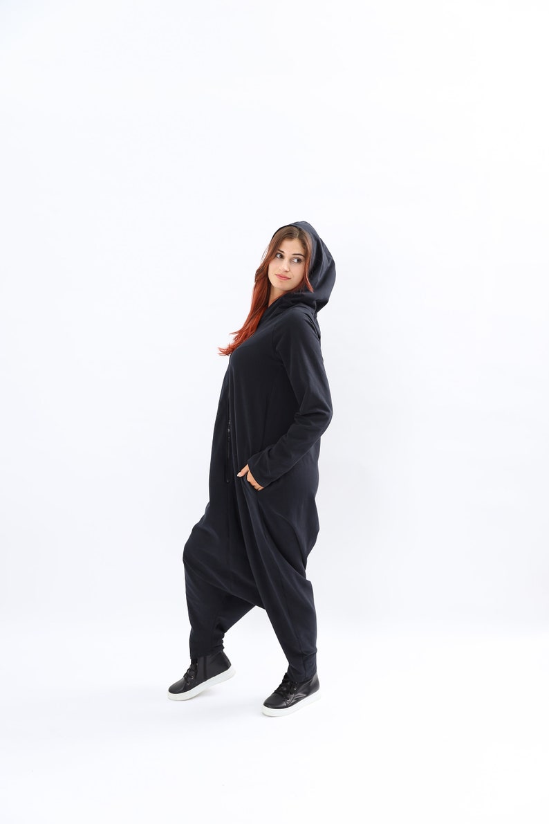 Black Hoodie harlem Jumpsuit, Long maxi jumpsuit, Black maxi Overall , Black Pomper, Boho hippie overall, Drop crotch Harem jumpsuit, image 5