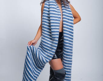 Mohair Scarf, Blue White and Grey Striped Scarf, Fluffy Knitted Winter Scarf, Long Fringe Scarf, Women’s Soft Wrap, Oversized Muffler