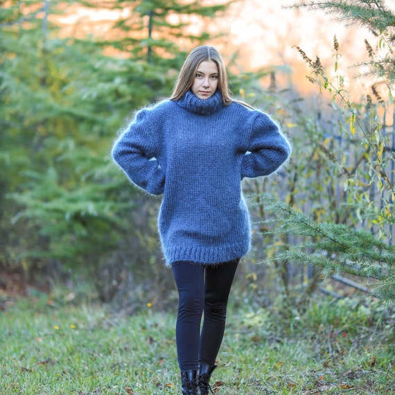 Gray Mohair Sweater, Big Turtleneck Pullover, Oversized Nordic