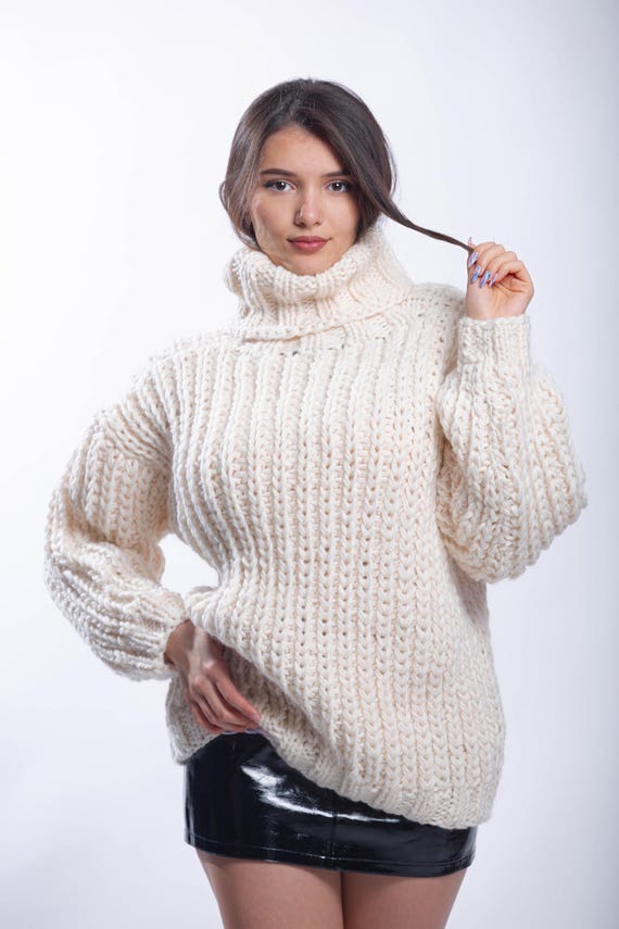 4XL Ready to Ship Cream Mixmohair Wool Sweater, Chunky Turtleneck