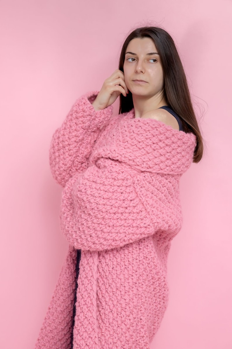 Pink Wool Cardigan, Wool Long Cradigan, Oversized Cardigan, Knit Jacket, Wool Coat, Hand Knit Cardigan, Maxi Coat, Chunky Cardigan image 2