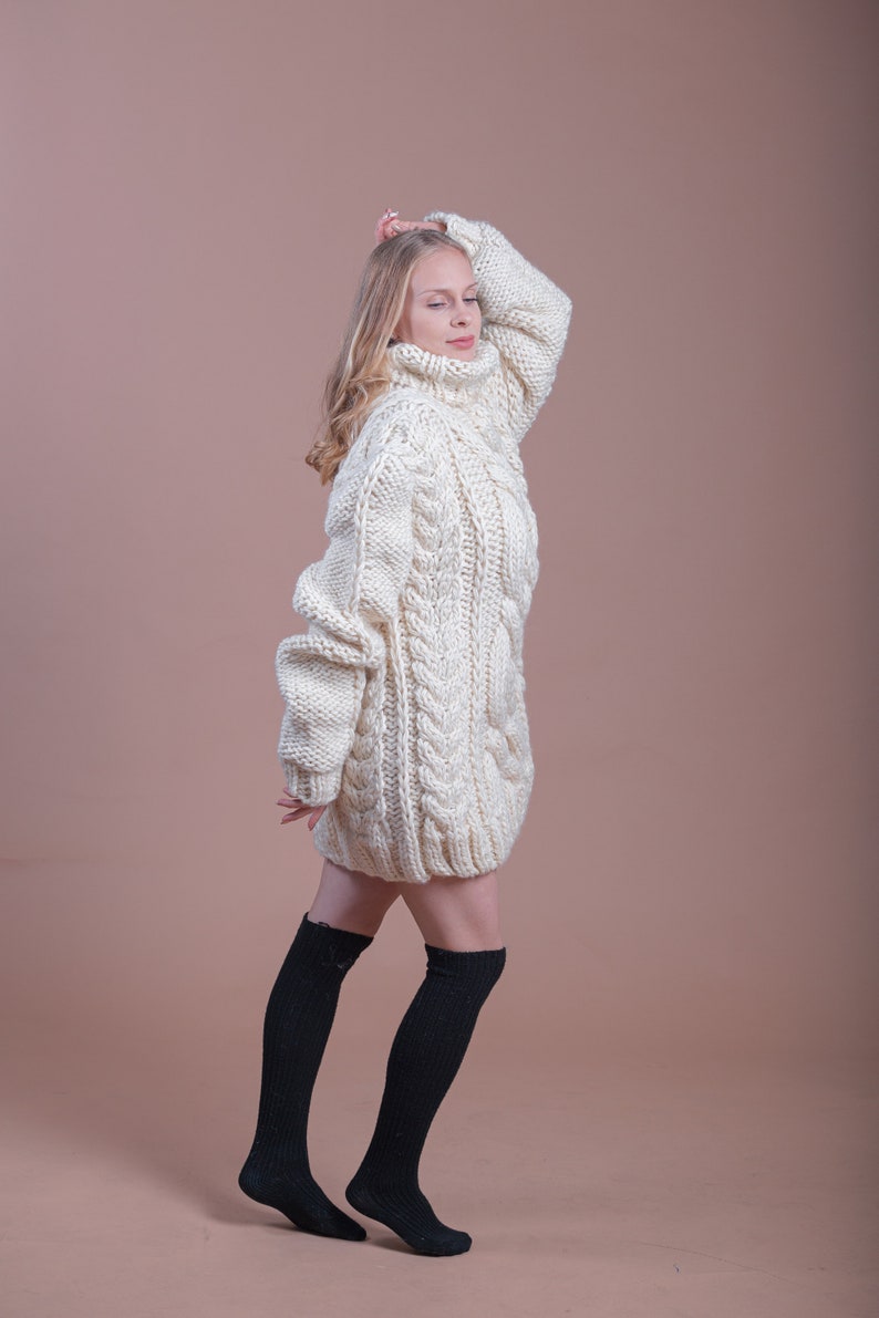 Cable Knit Sweater, Wool Turtleneck Sweater, Beige Oversize Pullover, Warm Winter Sweater, Women Loose Pullover, Wool Jumper, Comfy Sweater image 5
