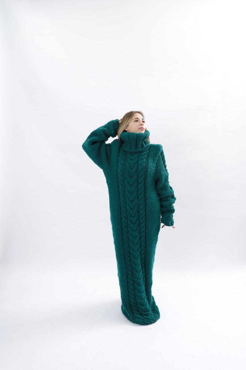 Huge Wool Dress, Winter Maxi Sweater Dress, Long Wool Sweater Dress, Giant Turtleneck, Green Dress For Winter, Oversized Dress, Molimarks image 2