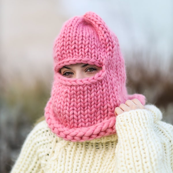 Pink Wool Balaclava, Women Wool Ski Mask, Chunky Winter Balaclava Hat, Pink Full Face Wool Cover, Winter Accessories, Girlfriend Gift