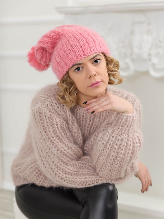 Handmade Chunky Beanie — Thick Knit Hat, Warm Winter Accessory (Pink) Handmade Bright Pink Chunky Knit Beanie – Warm Winter Cap - Etsy main image 2