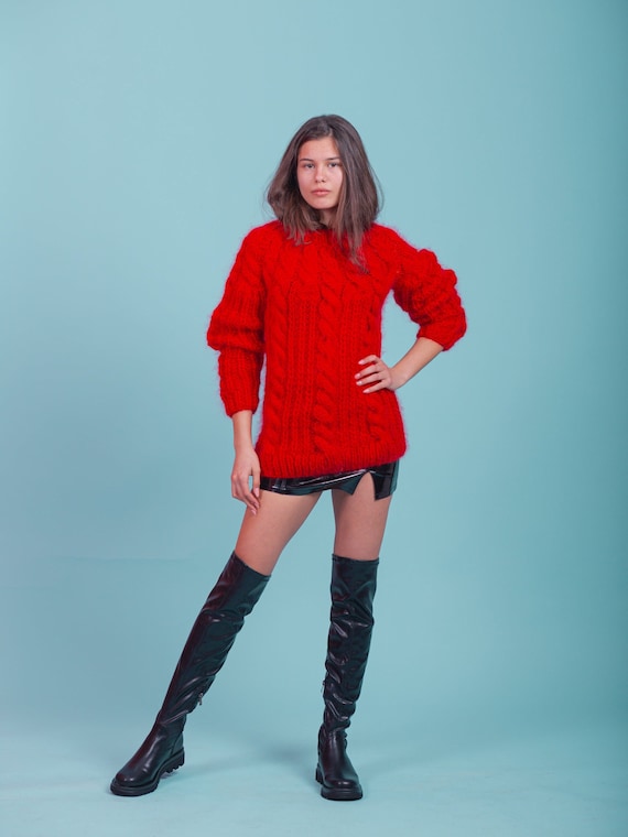 Red Aran Sweater, Mohair Jumper, Women Fisherman Sweater, Loose Fit Pullover, Cable Knit Jumper, Chunky Pullover, Plus Size Clothing