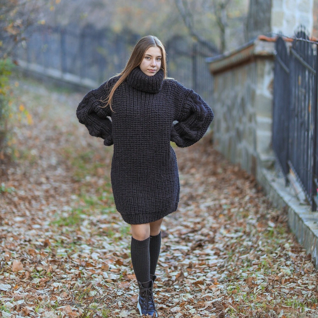 Oversized Wool Turtleneck Sweater Dress for Women in Bohemian