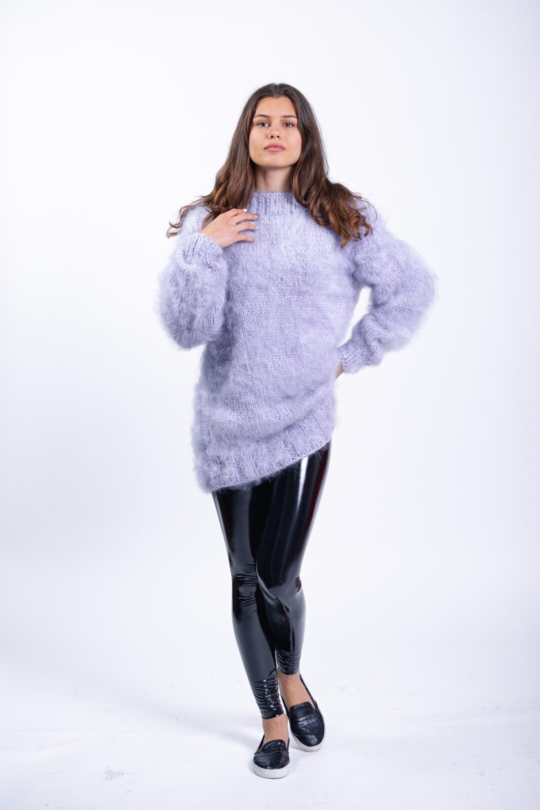 Suéter de mohair mullido y difuso, jersey azul para mujer, jersey