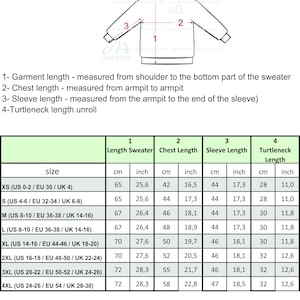 May include: Size chart for a knit sweater with a turtleneck. The chart shows measurements in inches and centimetres for different sizes, including chest, sleeve, and turtleneck length.
