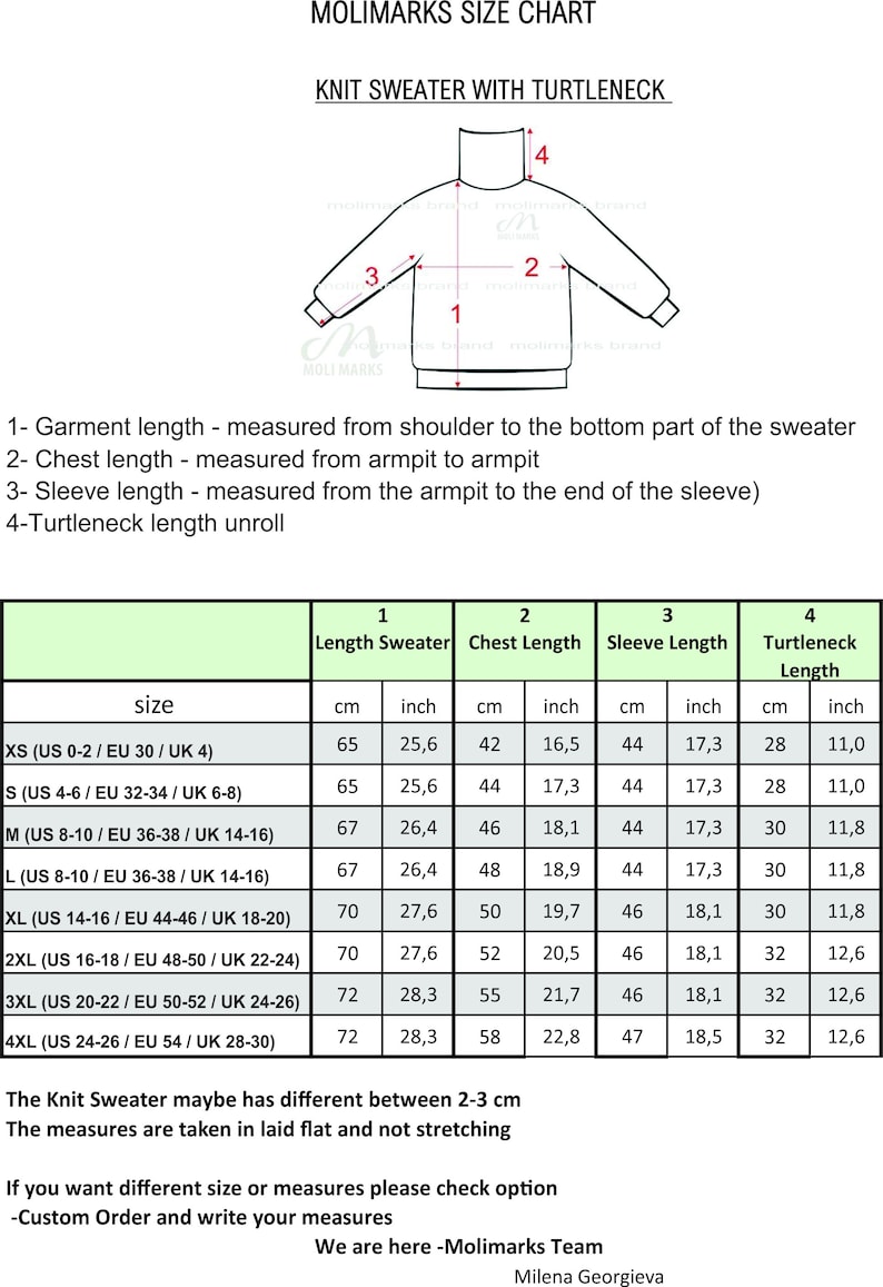May include: Size chart for a knit sweater with a turtleneck. The chart shows measurements in inches and centimetres for different sizes, including chest, sleeve, and turtleneck length.
