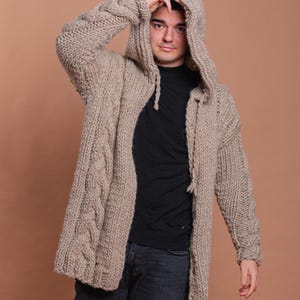 Natural Oversized handmade pure wool mens cardigan with hoodie in cable pattern made by Molimarks