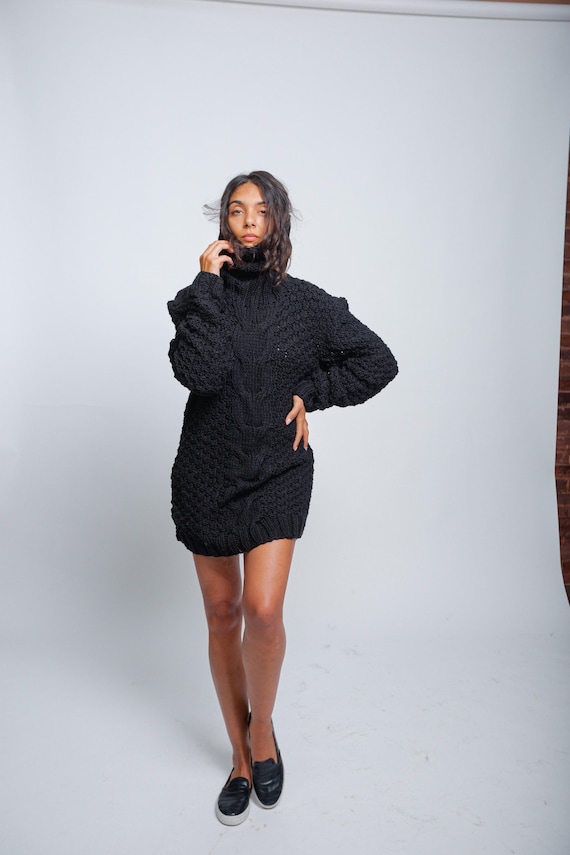 Black Stylish Oversized Soft Wool Sweater Dress, Chunky Knit Turtleneck Dress, Cable Knit Winter Dress, Cozy Women's Knitwear by Molimarks