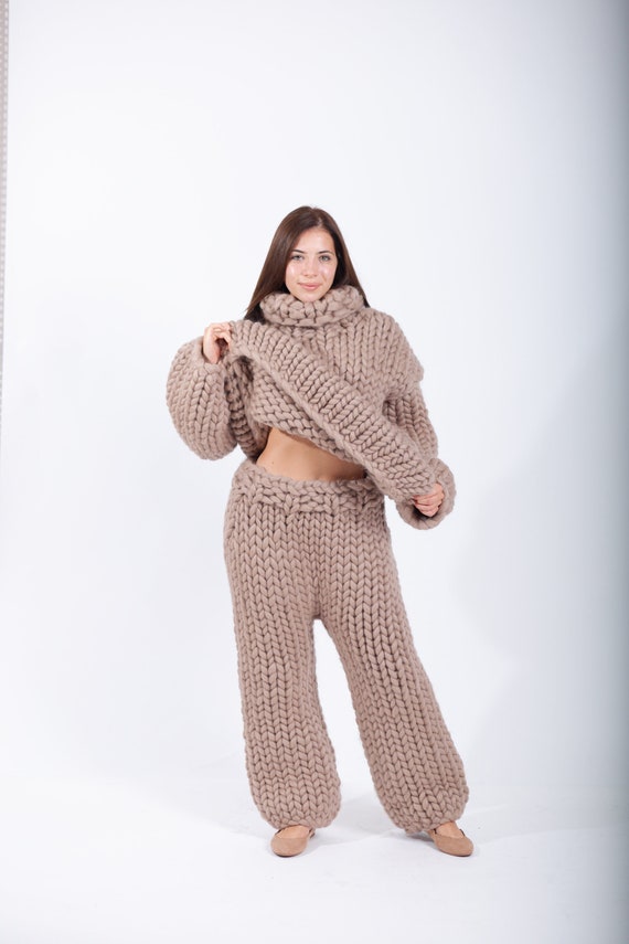 Merino Hand Knit Pants, Fuzzy Trousers, Cable Knit Pants, Wool