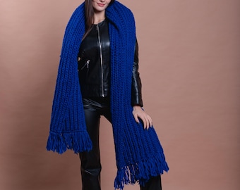 Ready to Ship Warm Women’s Wool Knit Scarf, Oversized Chunky Wrap, Warm Handmade Winter Scarf, Blue Cover Up, Stylish Scarf, Cozzy Wool Wrap