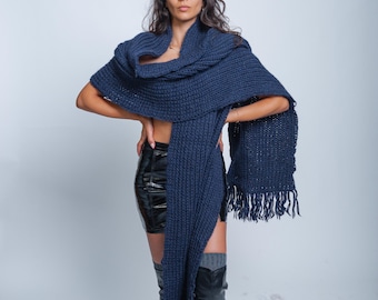 Chunky Navy Blue Wool Scarf, Large Knitted Shawl, Warm Winter Wrap, Soft Fringe Scarf, Women’s Wool Accessory, Cozy Gift for Her