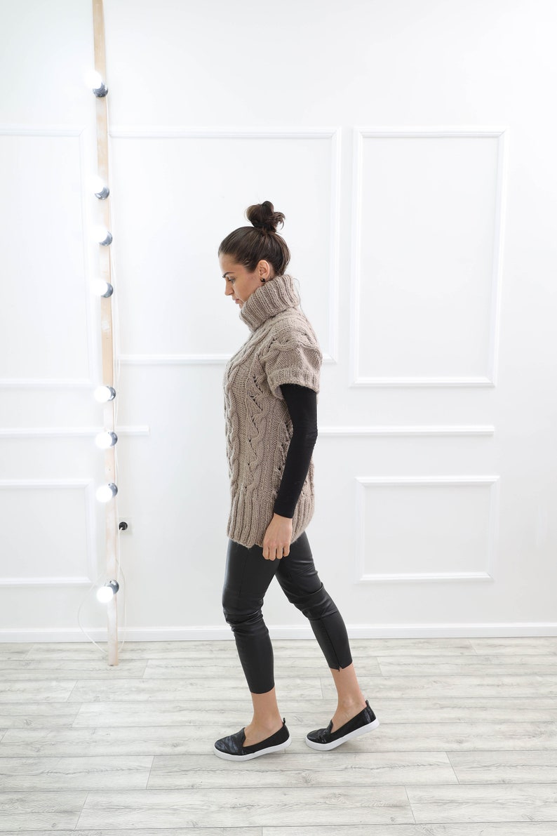 Hand Knit Sweater Vest, Cable Knit Vest, Wool Sweater Vest, Turtleneck Sweater, Short Sleeve Sweater Vest, Vintage Pullover, Winter Sweater image 9