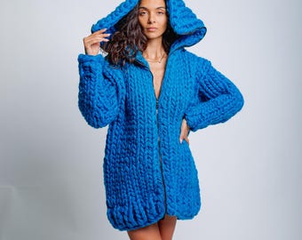 Ready to Ship 12 Strands Chunky Blue Wool Cardigan, Oversized Hooded Sweater, Handmade Thick Knit Coat, Unique Winter Outerwear by Molimarks