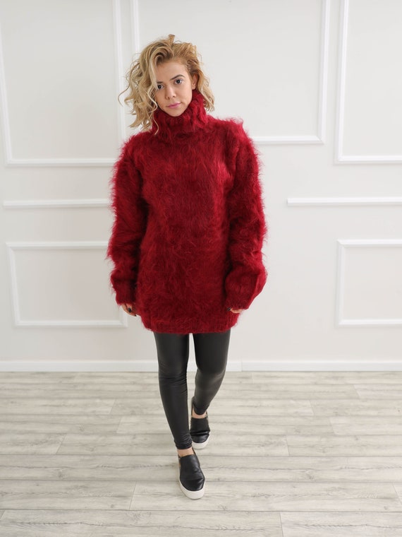 MOLIMARKS Red Mohair Sweater, Big Turtleneck Pullover, Fluffy Mohair Sweater, Christmas Pullover, Chunky Sweater, Plus Size Clothing, Xmas Present