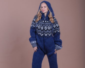 M size Ready to ship  Zipper Nordic Mohair Catsuit, Black Mohair Overall, Mohair Clothing, Plus Size Catsuit, Hand Knit Mohair Jumpsuit