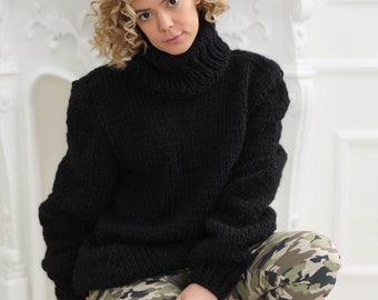 Black Knit Turtleneck Wool Sweater in any size made by Molimarks