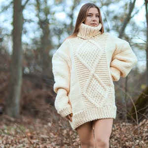Wool Knit Sweater, Turtleneck Pullover, Handknitted Sweater, Wool Clothing, Cable Knit Pullover, Wool Sweater Dress For Women,Chunky Sweater