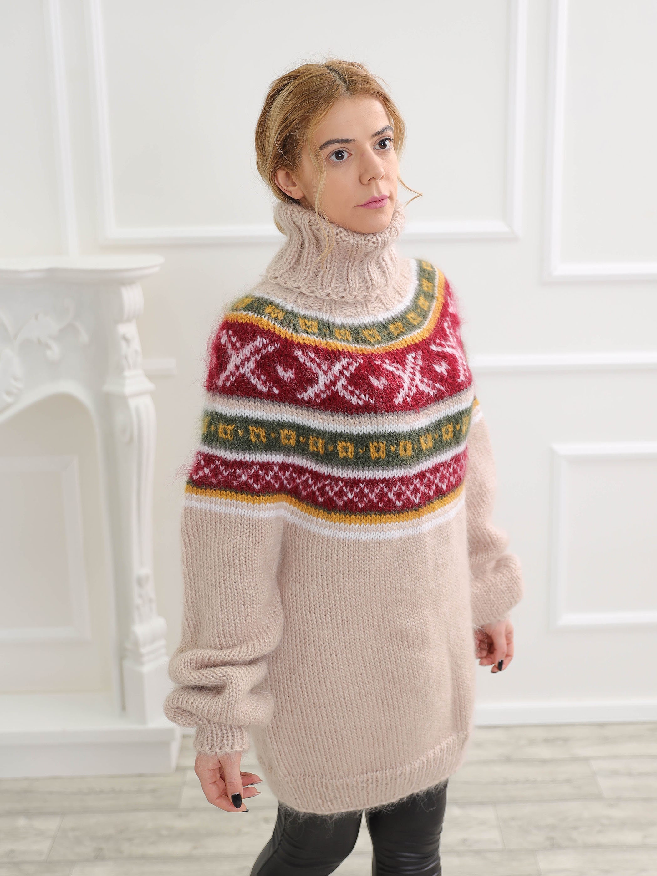 Women’s Turtleneck Sweater – Wool Chunky Knit – Relaxed Fit – Nordic Pattern main image 0