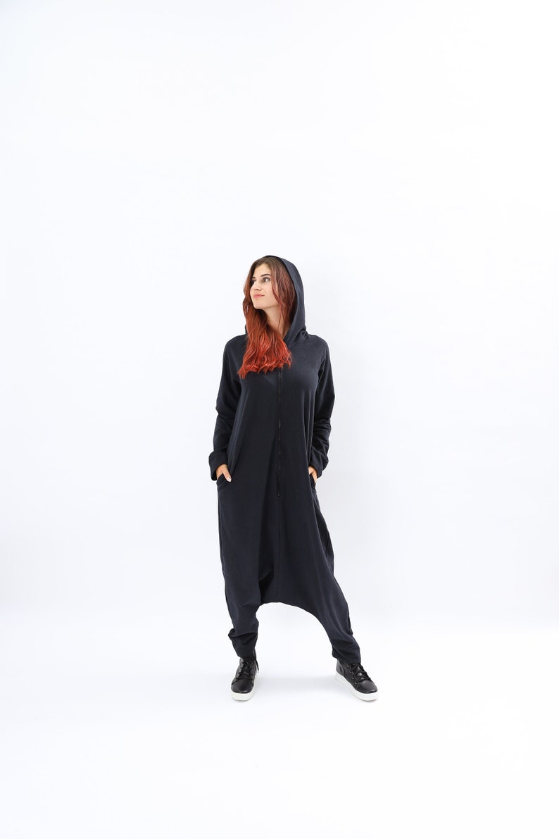 Black Hoodie harlem Jumpsuit, Long maxi jumpsuit, Black maxi Overall , Black Pomper, Boho hippie overall, Drop crotch Harem jumpsuit, image 1