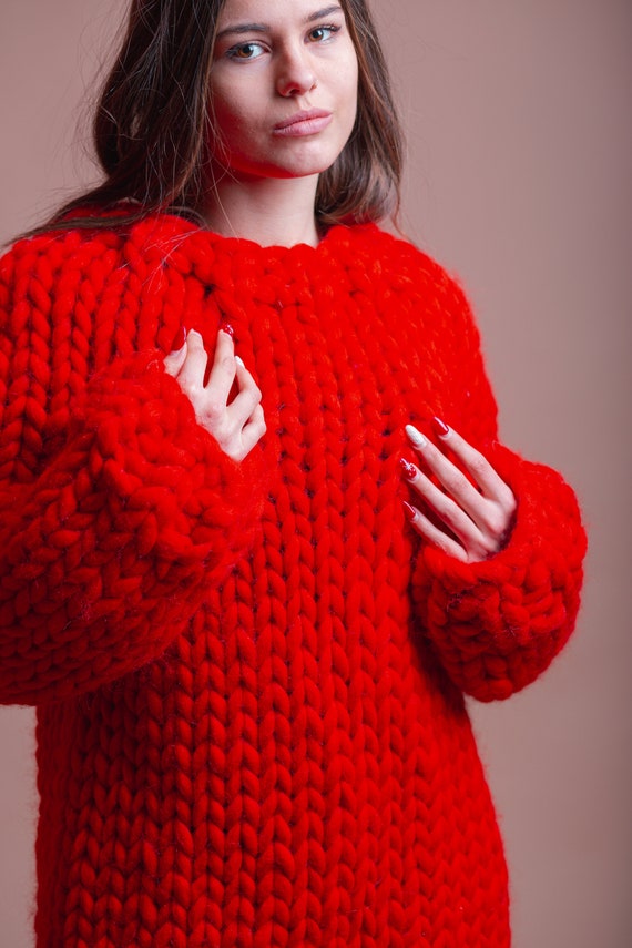 Chunky Red Sweater, Women Merino Wool Jumper, Giant Turtleneck