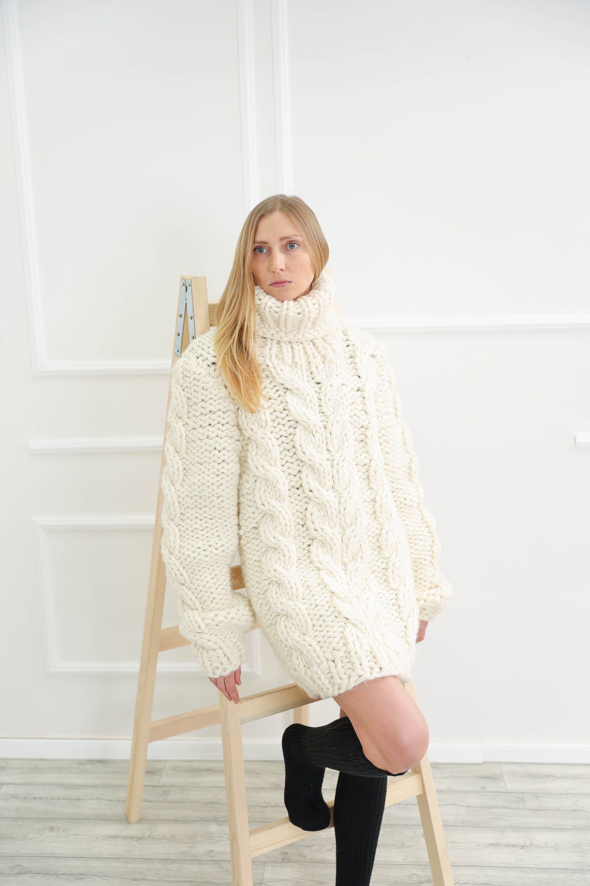 Cream Cable Crochet Wool Turtleneck Sweater Beige Oversize | Etsy
