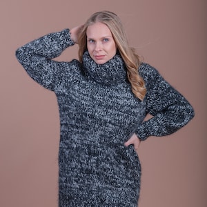 Fluffy  Melange Black and White Mohair Sweater with turtleneck available in plus sizes