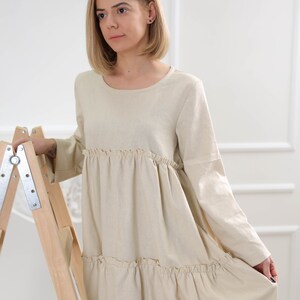 Ready to ship L size linen dress , Long sleeve linen dress, Beige linen dress with pockets image 3