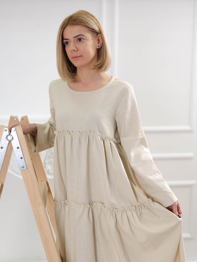Ready to ship L size linen dress , Long sleeve linen dress, Beige linen dress with pockets image 3