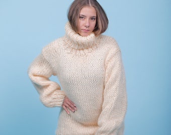 3XL Ready to ship 3 Strands Beige Mohair Sweater, Beige Jumper, Mohair Turtleneck Sweater, Comfy Winter Jumper, Cozy Sweater, Long  Pullover