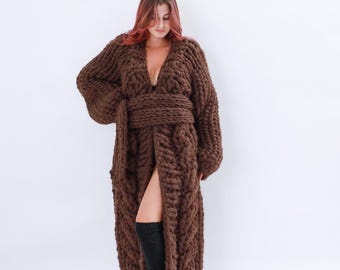 Merino Wool Chunky Knit Cardigan, Brown Oversized Sweater Coat, Hand Knitted Wrap Cardigan, Long Cozy Winter Cardigan, Maxi Vest with Belt