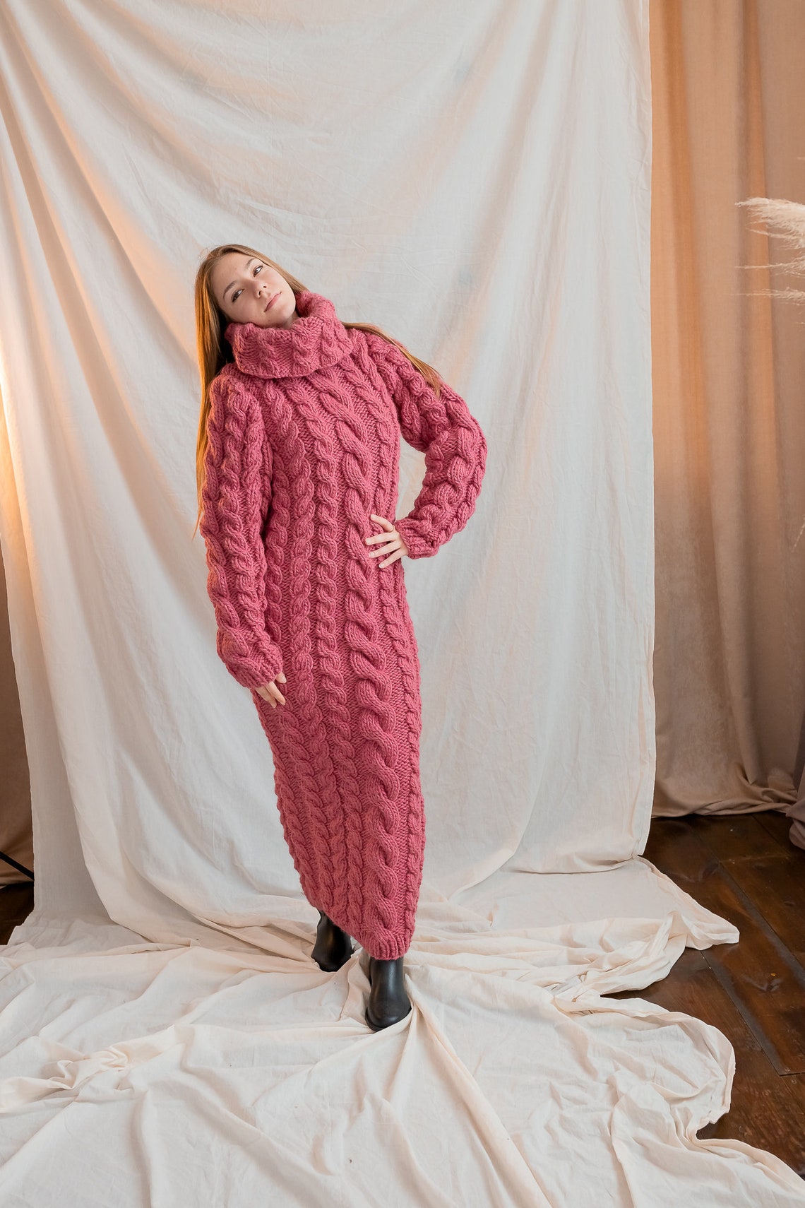Women Dark Pink Geo Woolen Sweater Dress