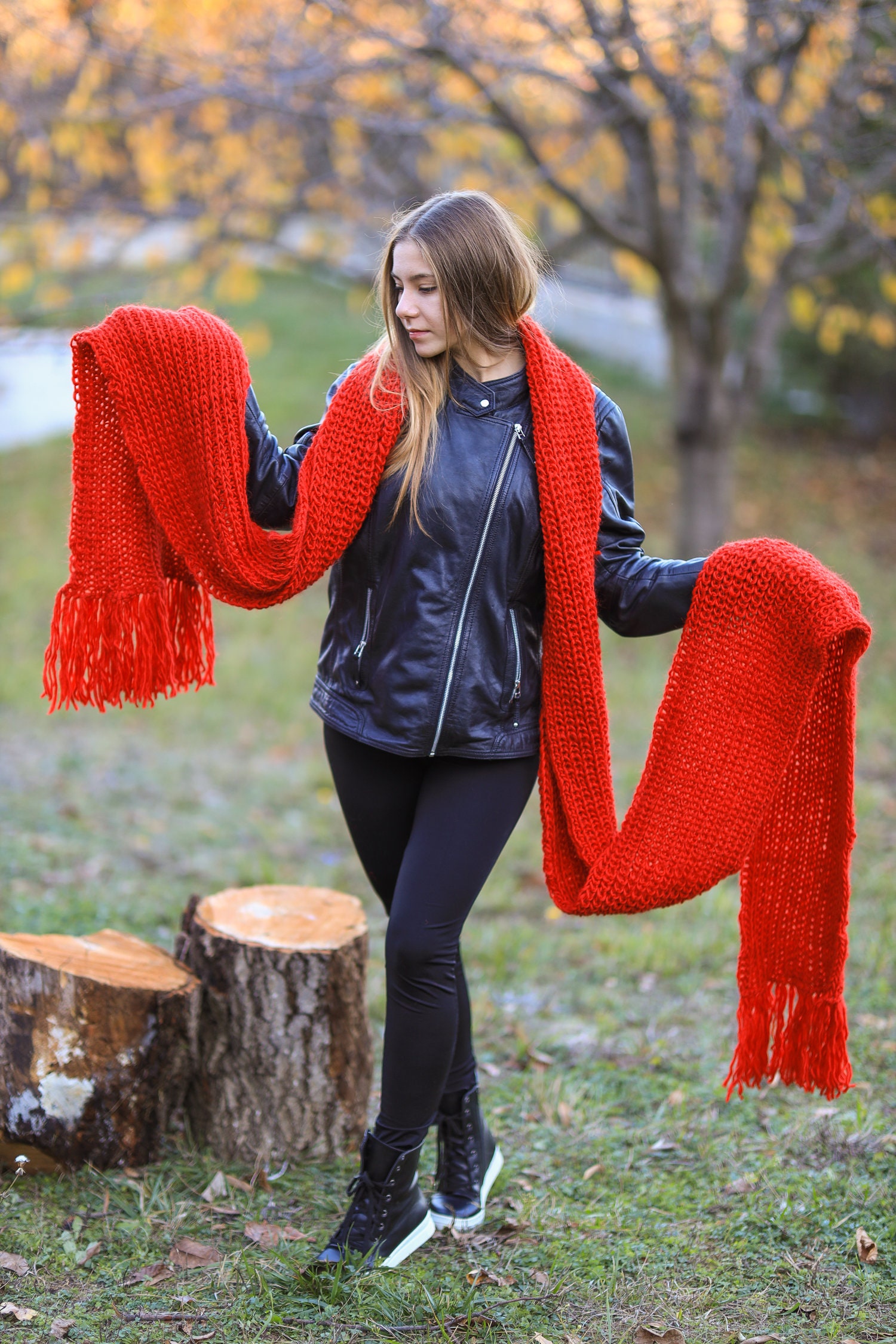 Wool Art Oversized Scarf 6”x100” (15x250 cm) / Red