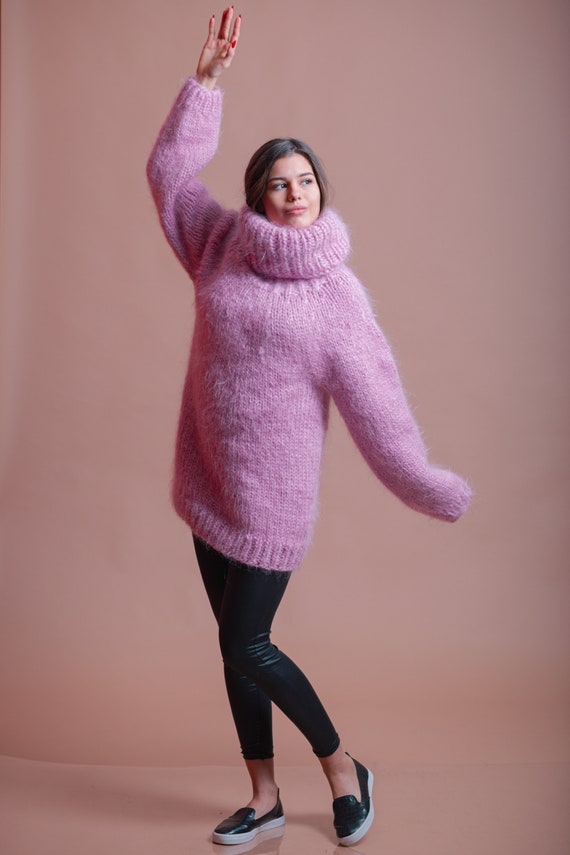 Pink Mohair Sweater, Chunky Turtleneck Jumper, Warm Comfy Pullover