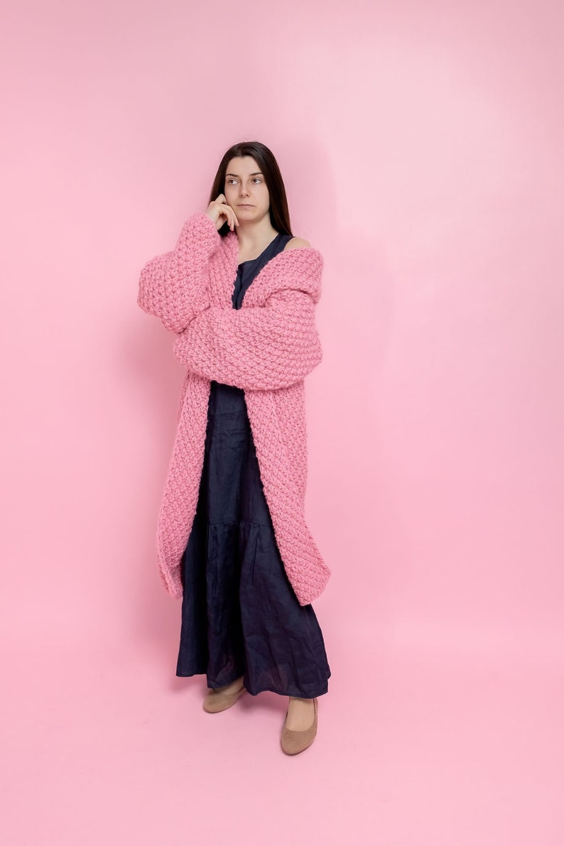 Pink Wool Cardigan, Wool Long Cradigan, Oversized Cardigan, Knit Jacket, Wool Coat, Hand Knit Cardigan, Maxi Coat, Chunky Cardigan image 1