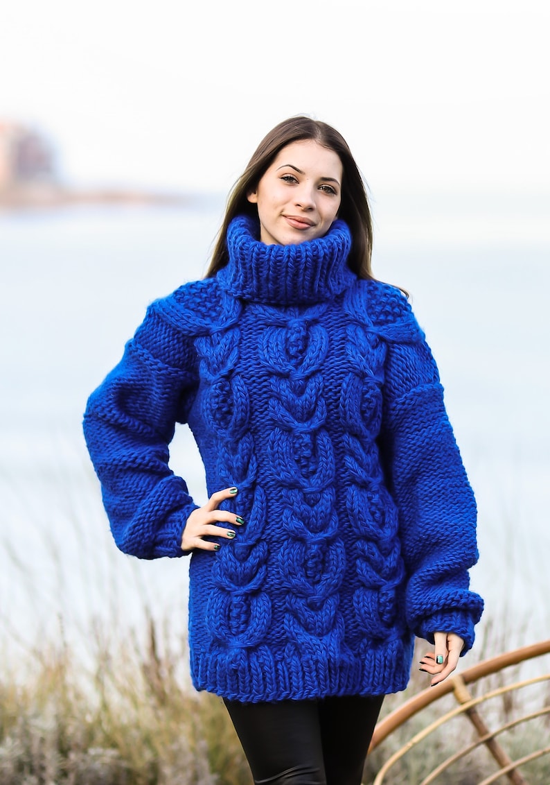 Royal Blue Knit Sweater Wool Pullover Giant Turtleneck Etsy