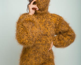 Brown Yellow Melange Mohair Sweater, 4 Ply Fluffy Knit, Oversized Turtleneck, Fuzzy Mohair Pullover, Cozy Winter Sweater, Handmade Knit