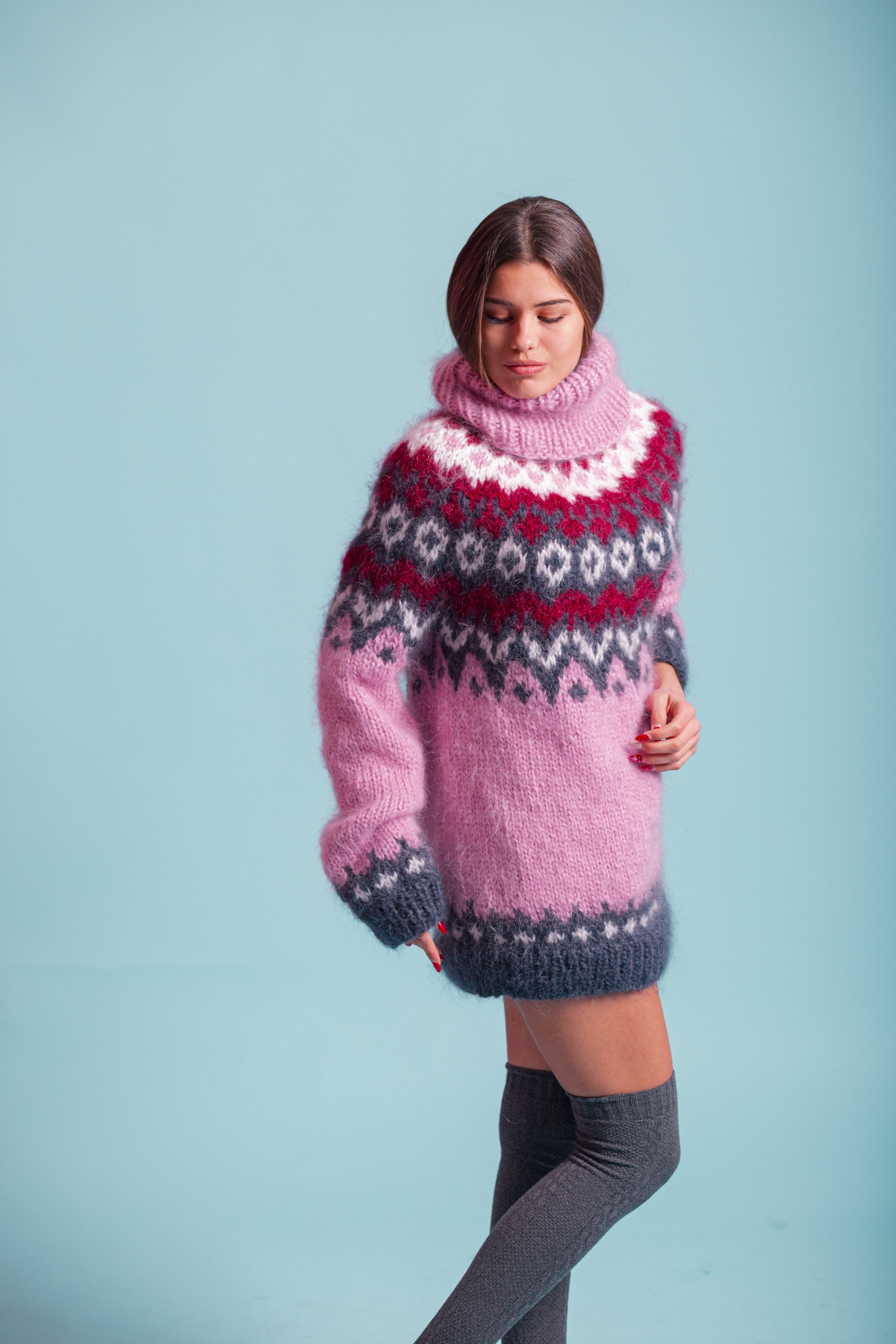 Pink Nordic Sweater, Women's Fair Isle Jumper, Mohair Pullover