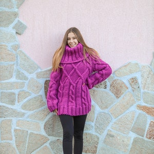 2XL Ready to ship purple chunky wool sweater with extra large turtleneck women cozy knitwear for winter season image 3