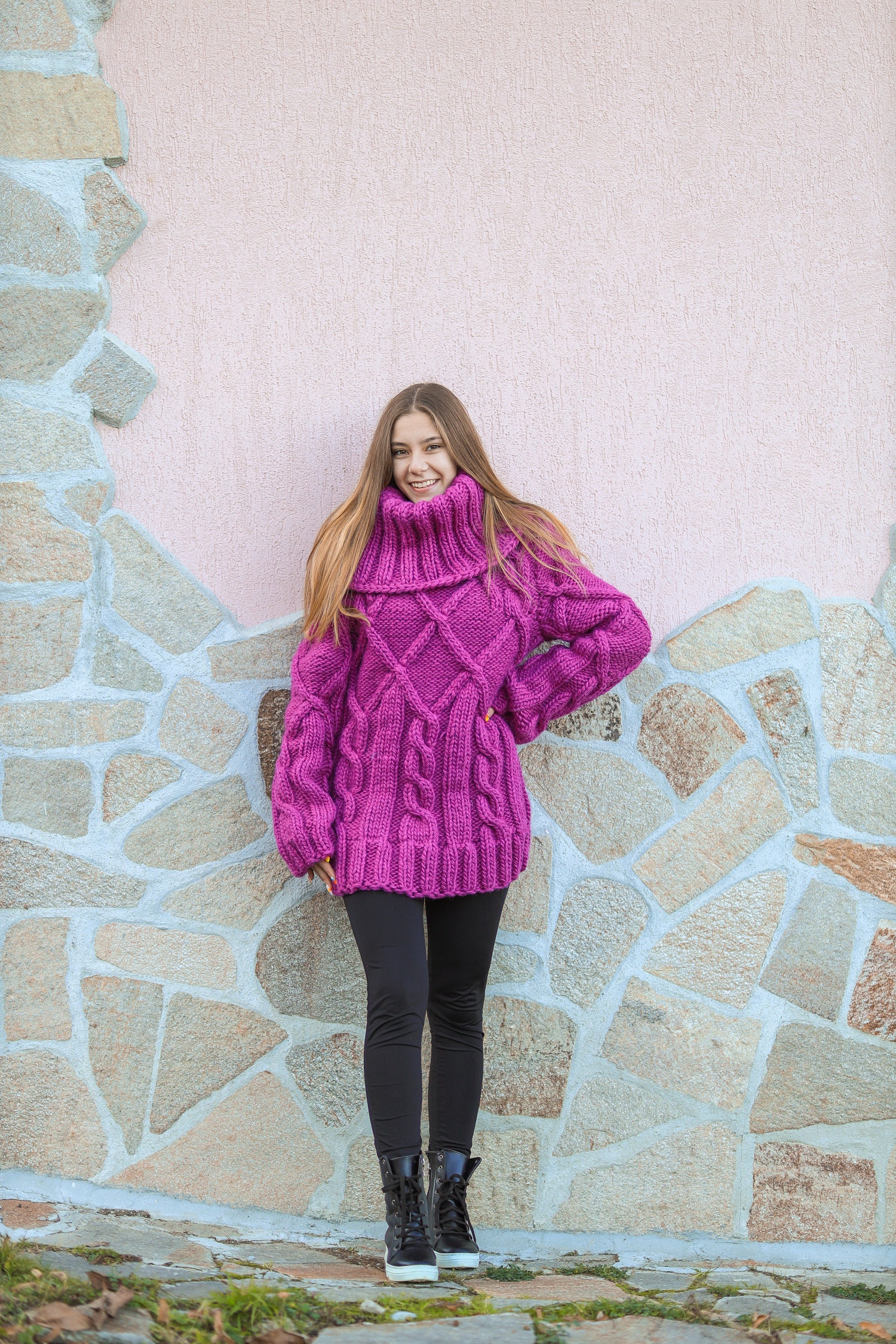 Purple Wool Sweater Cable Knit Pullover Giant Turtleneck | Etsy